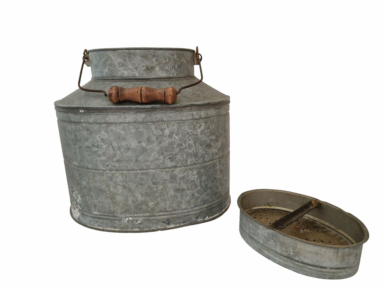 French Galvanized Fishing Creel, Large Vintage Zinc Minnow Bucket, Gift For Fisherman photo vinterior