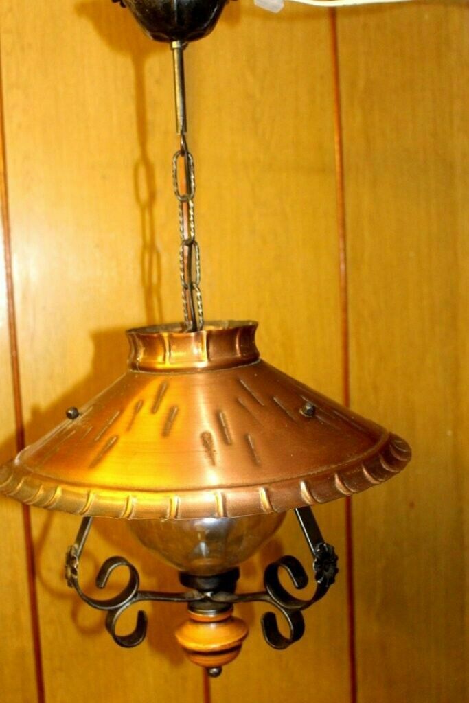 photo for sale Italian Copper & Cast Iron Pendant Ceiling Lamp 1 Light Chandelier 70 H X 40 W