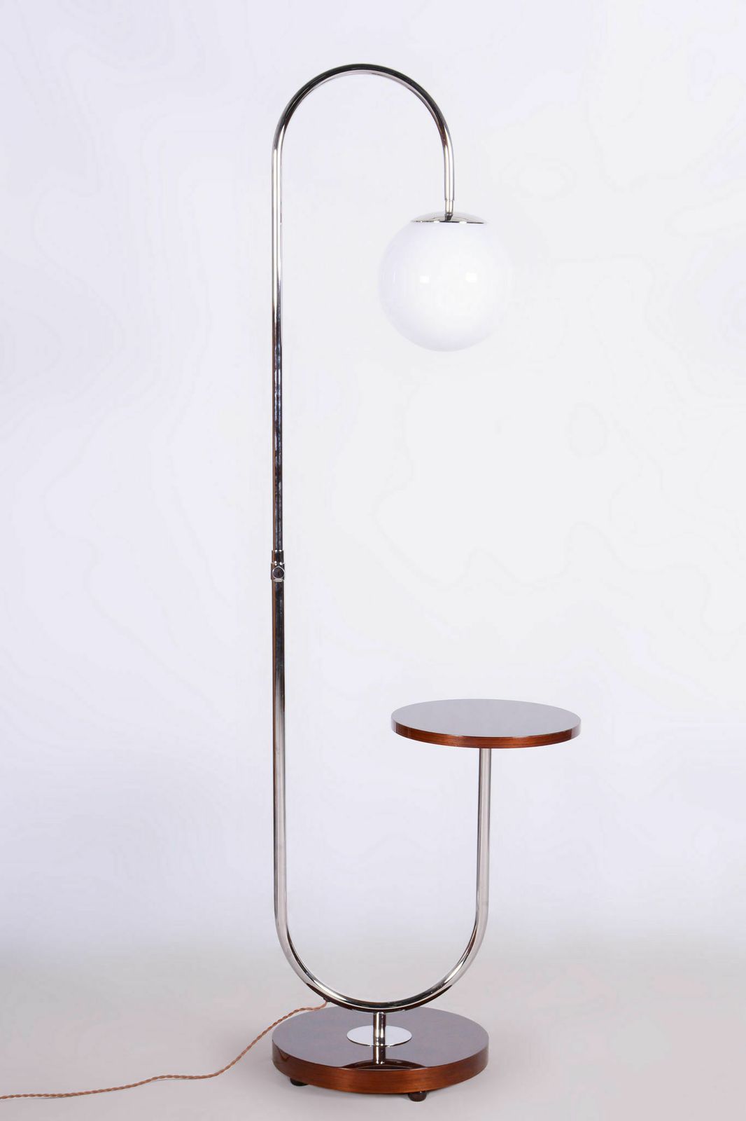 Restored Artdeco Floor Lamp, J. Halabala, Up Zavody, New Electrification, Luxury Design, Walnut, Chrome, Opal Glass, Czechia, 1930s photo furniture