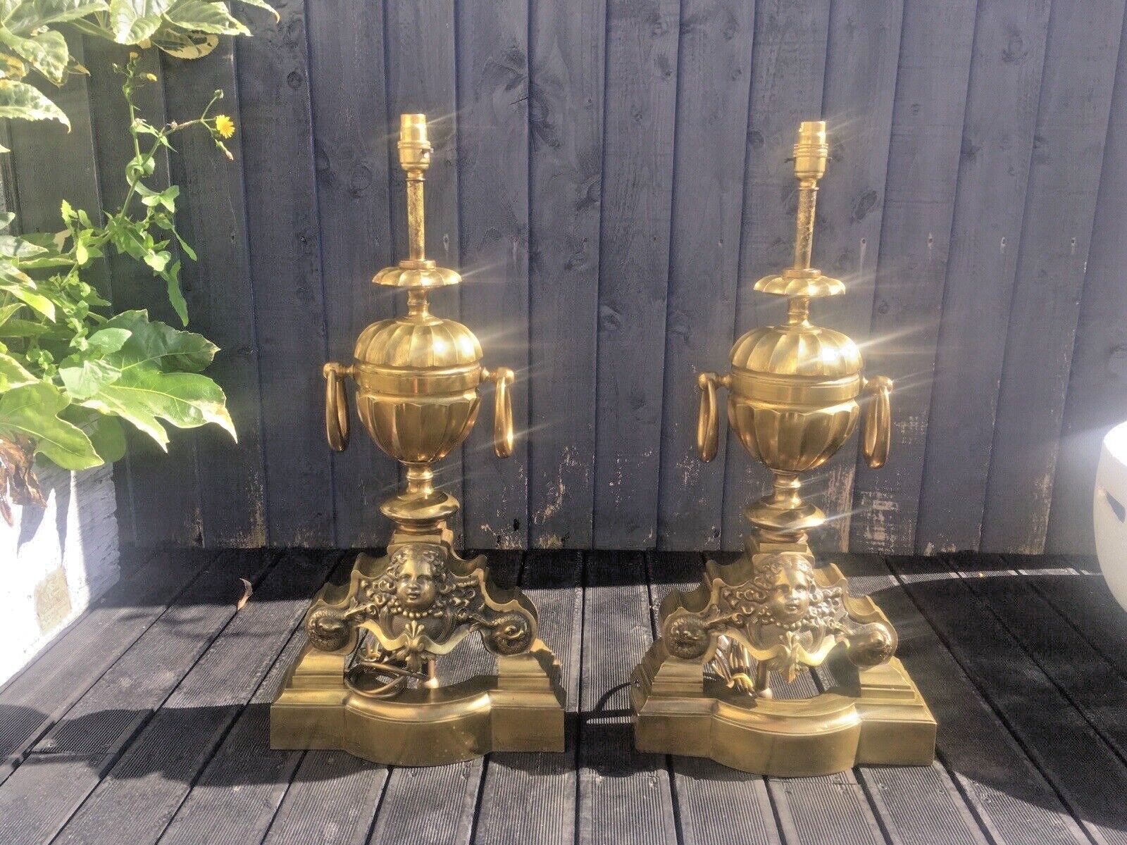 photo vinterior Grand Pair Of Antique Brass Putti Dolphin Fireside Andiron Table Lamps Fire Dogs