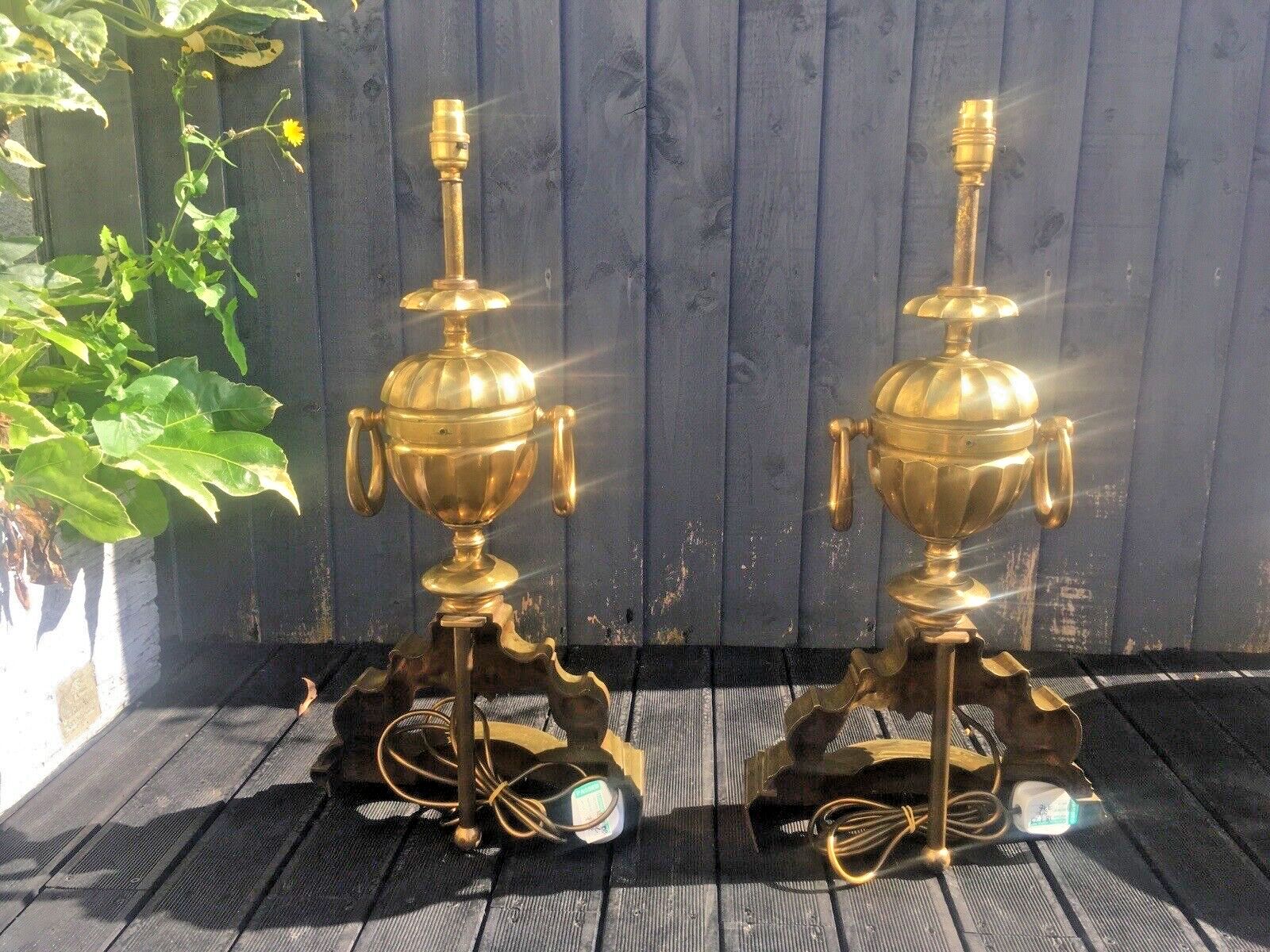 photo vintage Grand Pair Of Antique Brass Putti Dolphin Fireside Andiron Table Lamps Fire Dogs