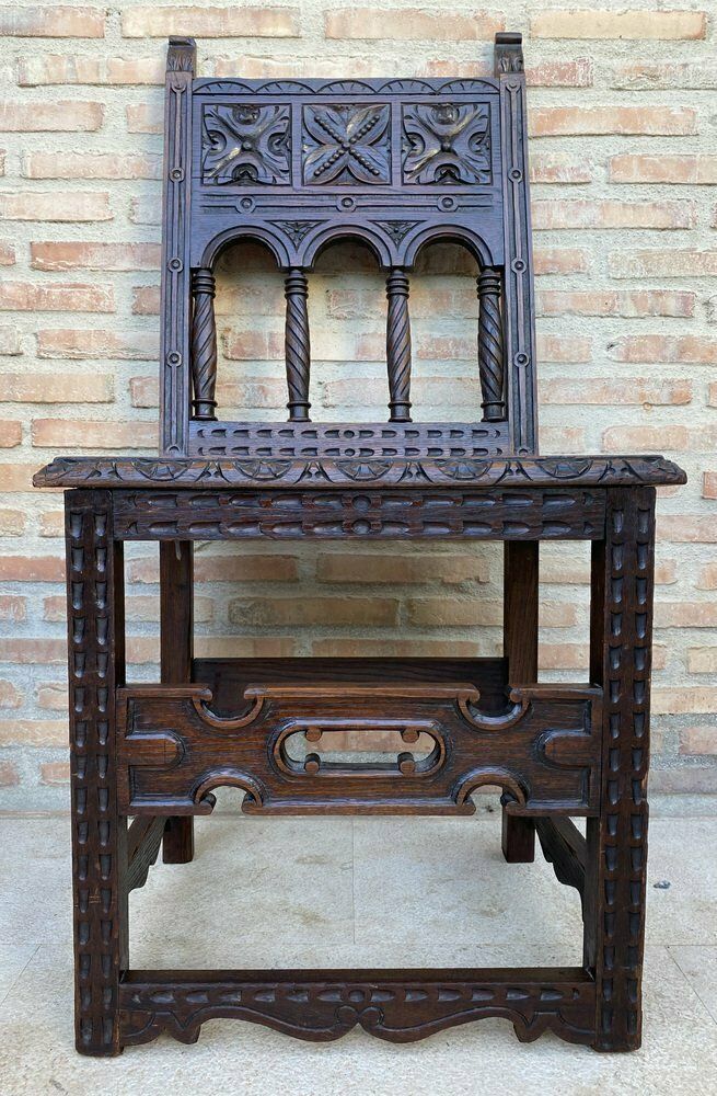 Furniture Early 20th Century Spanish Carved Chairs With Wood Seat, 1890s, Set Of 2 photo