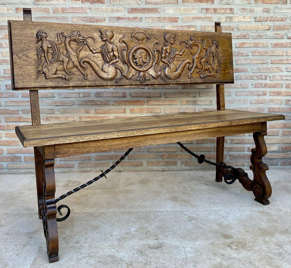 Spanish Renaissance Carved Oak Bench Banquette Escaño, 1890s photo for sale