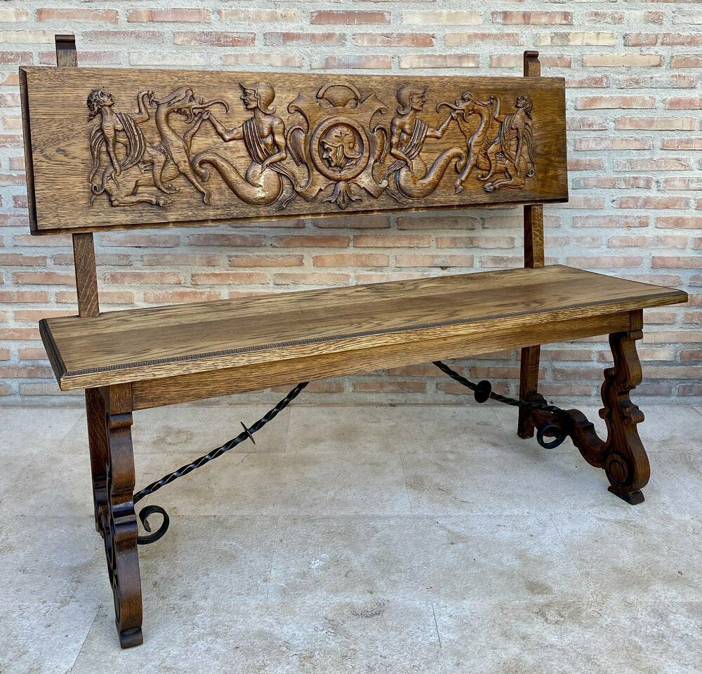 Spanish Renaissance Carved Oak Bench Banquette Escaño, 1890s photo vinterior