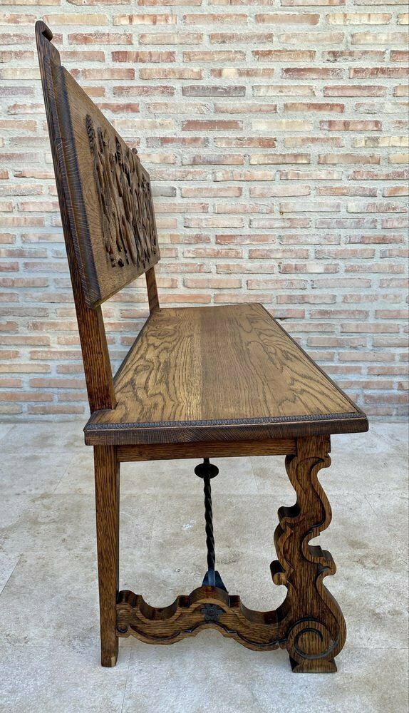 photo vinterior Spanish Renaissance Carved Oak Bench Banquette Escaño, 1890s