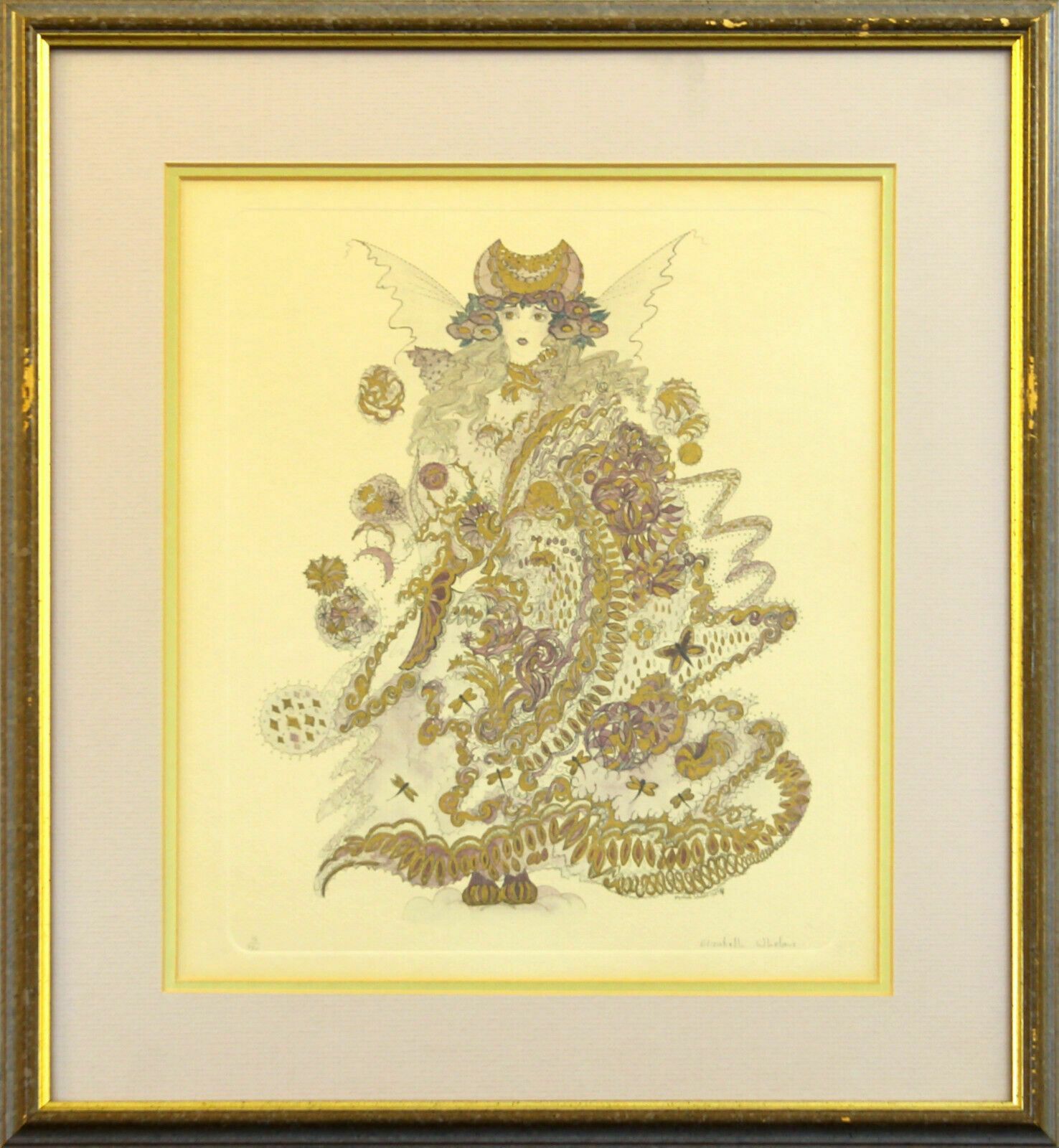 Hand Embellished Etching By Elizabeth Whelan . A Fairy With Dragonflies.
