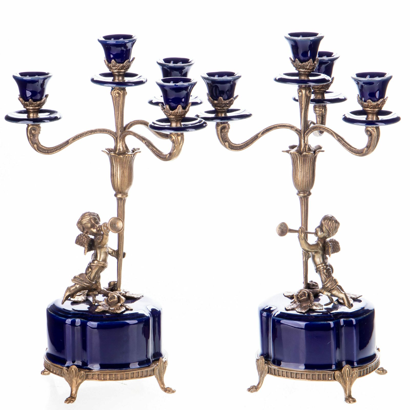 Bronze Candlestick Set With Porcelain Base (Set Of 2) photo for sale