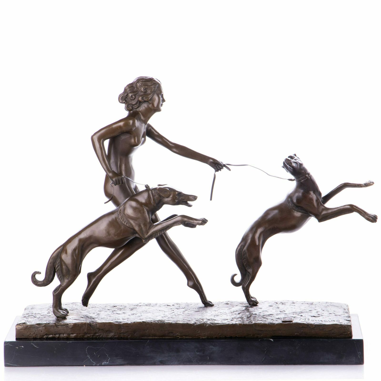 Art Deco Bronzefigur Weiblicher Akt Mit Windhunden “Spring Frolic” Nach M.Bouraine