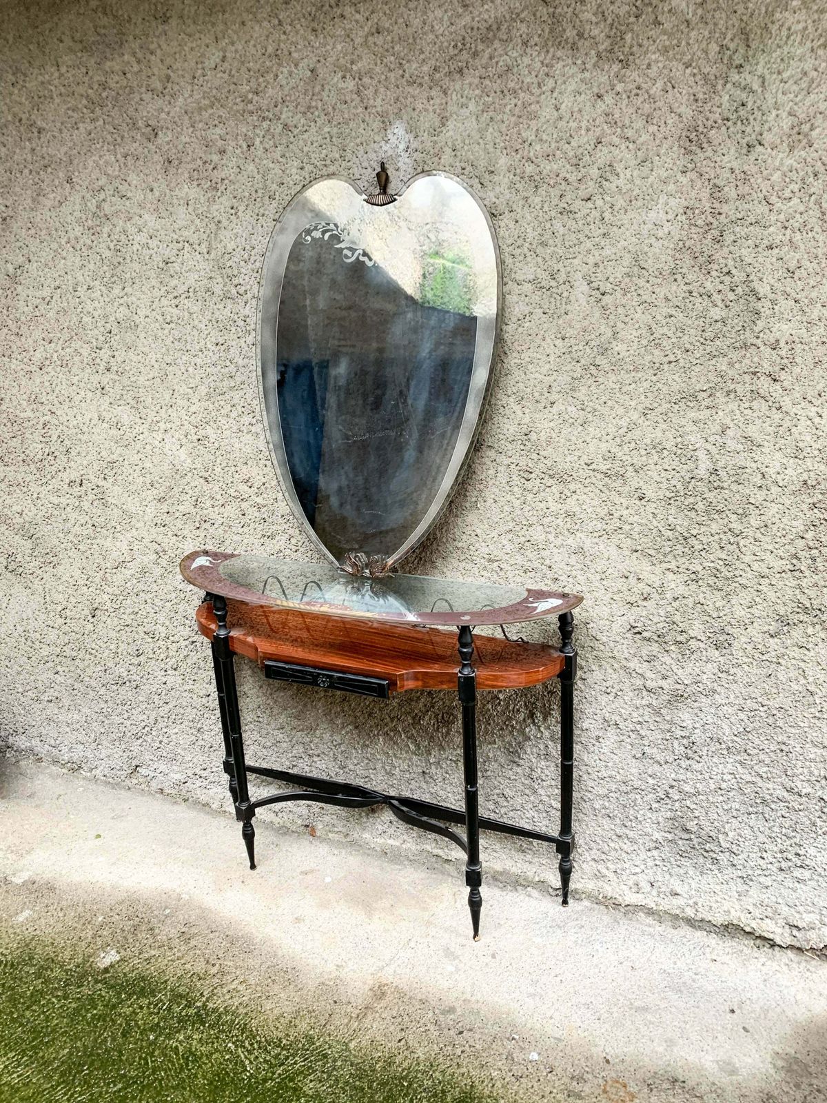 Console In Wood And Glass With 1950s Acid Etched Mirror photo furniture