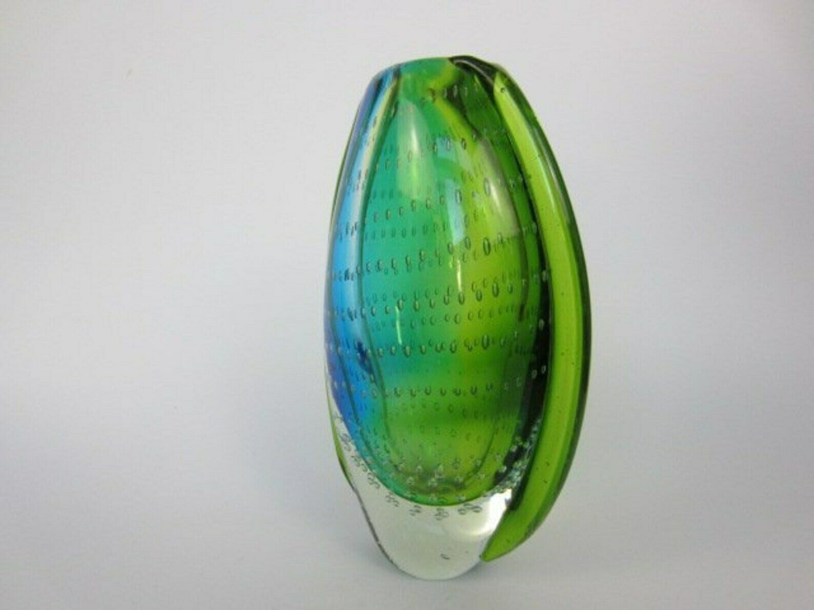 Heavy Oval Shaped Murano Sommerso Style Art Glass Vase Blues Greens & Bullicante photo 154.0