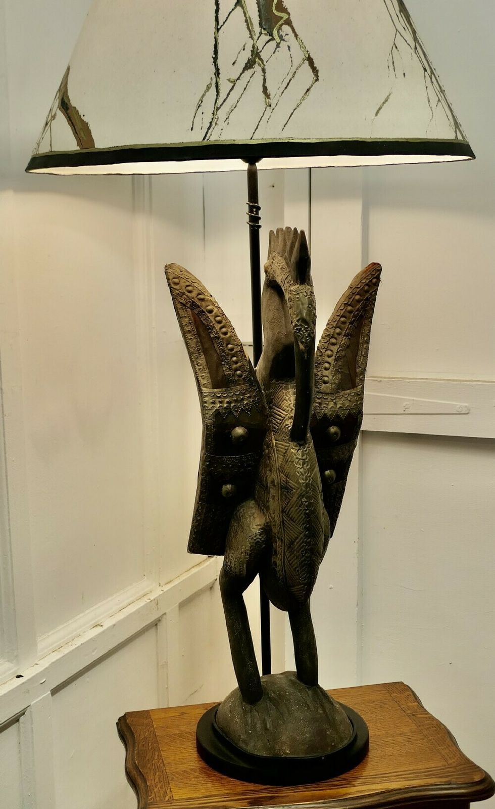 African Senufo Bird Carved Wood Sculpture, Set As A Tall Lamp photo for sale