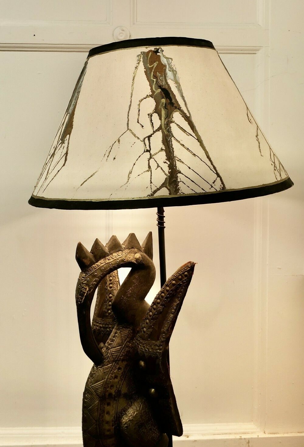 African Senufo Bird Carved Wood Sculpture, Set As A Tall Lamp photo Lighting