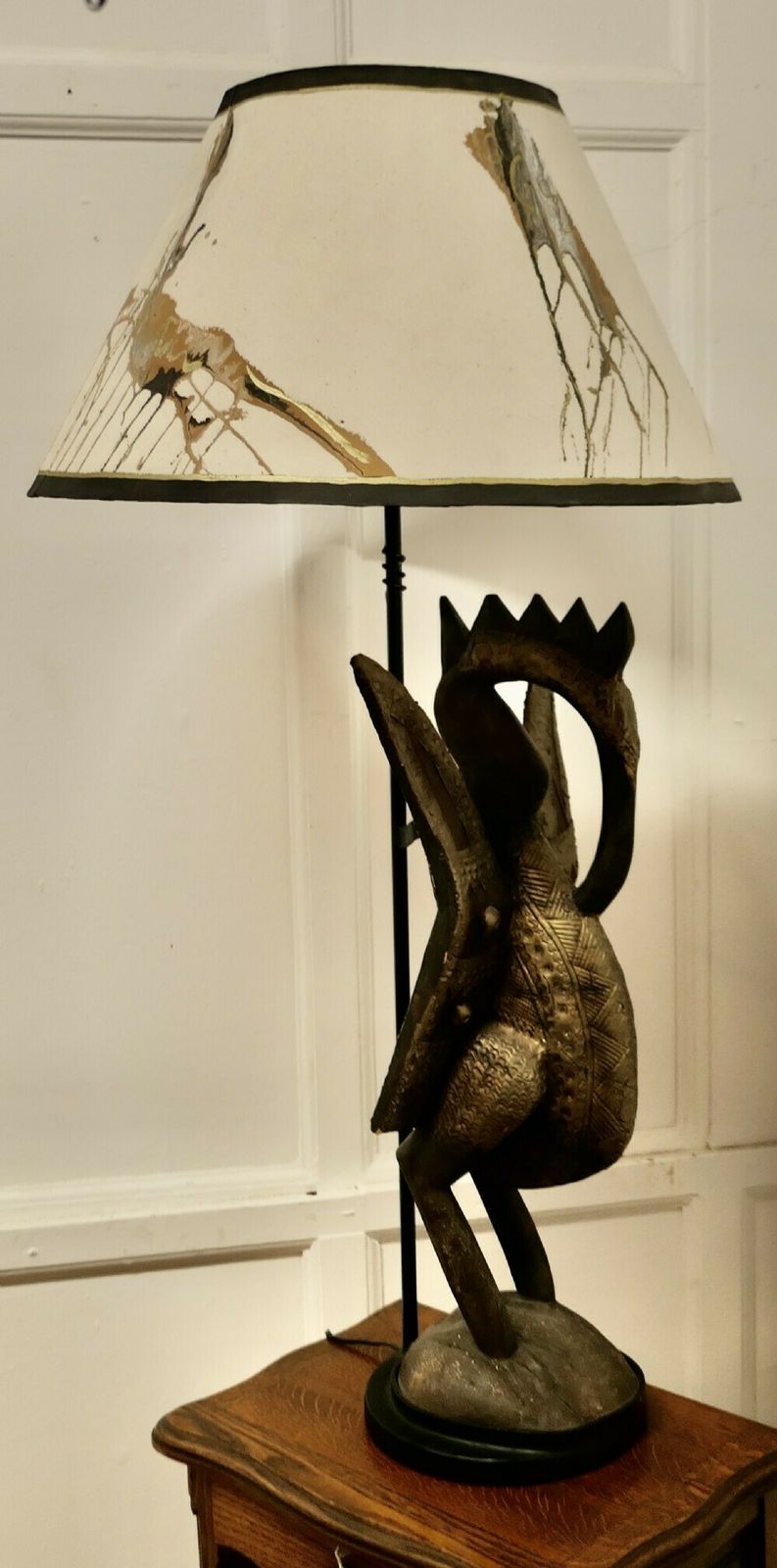 African Senufo Bird Carved Wood Sculpture, Set As A Tall Lamp photo vinterior