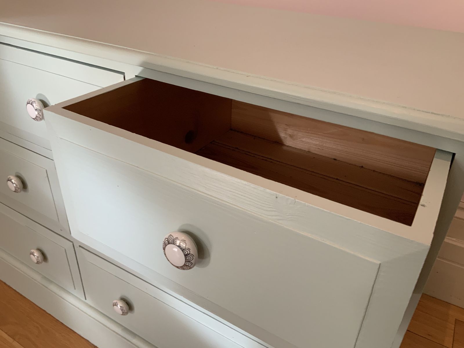 Vintage Blue Painted Chest Of Drawers With Porcelain Knobs photo vinterior