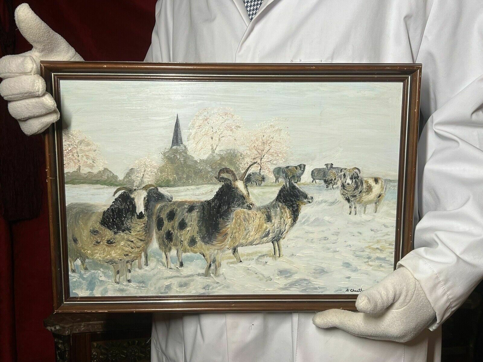 British Contemporary Artist A Cheetham Horned Ewes In Winter Landscape
