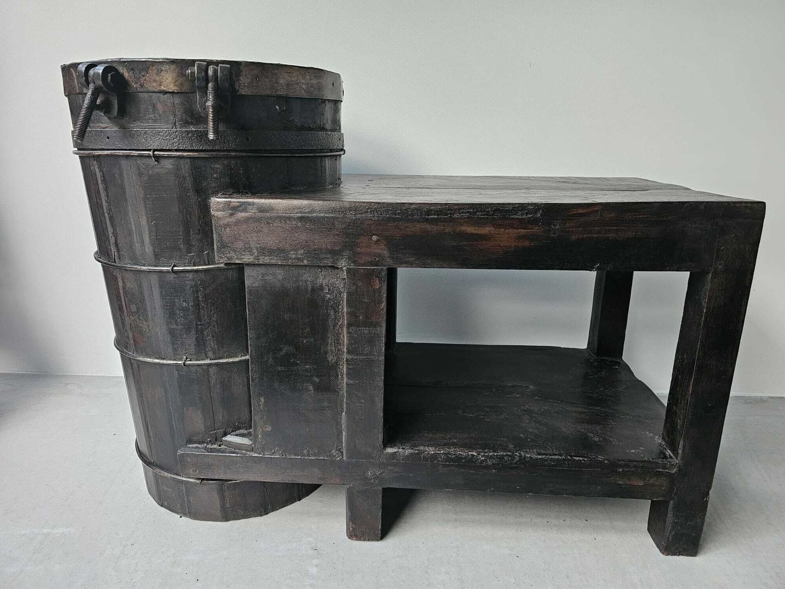 Antique Indian Ghara & Table (1960s Gujarat) – Handcrafted Teakwood With Integrated Water Vessel & Iron Detailing