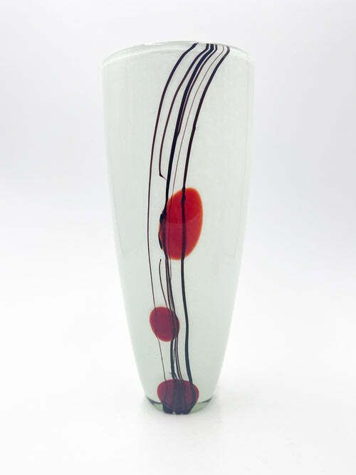White Murano Glass Vase With Red And Black Decorations From The 1970s