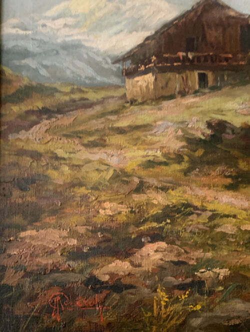 Oil Painting On Canvas Of A Lake Landscape By Adolfo Polaroli, 1920s photo for sale