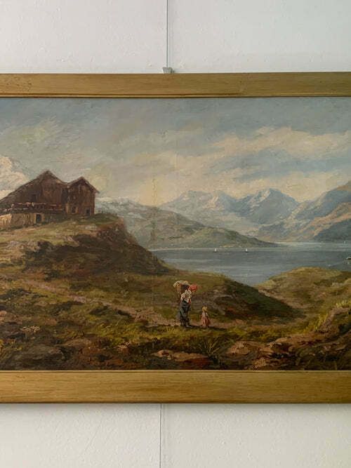 Oil Painting On Canvas Of A Lake Landscape By Adolfo Polaroli, 1920s photo vintage