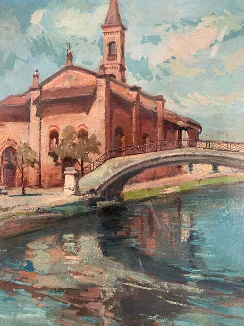 Oil Painting On Canvas Of San Cristoforo In Milan By Lamberto Lamberti, 1950s photo for sale