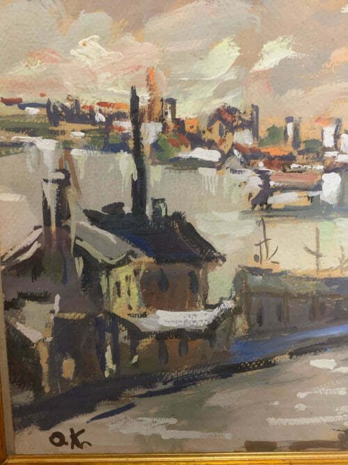 Oil Painting On Canvas Of Sunset Landscape By Ok From The 1950s photo Art