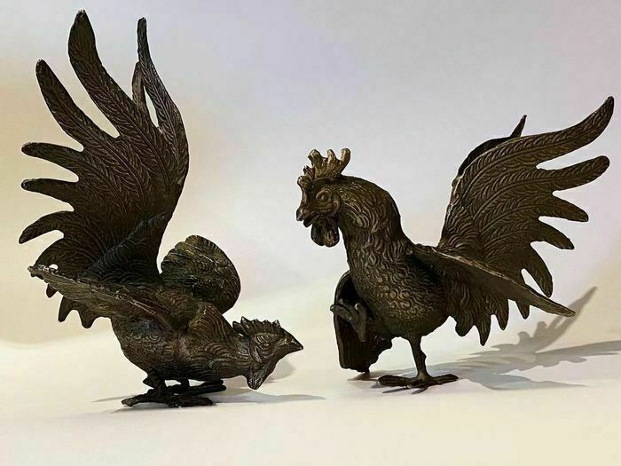 photo for sale A Pair Of Silver Plated Bronze Fighting Cockerels, France, Early 20th Century