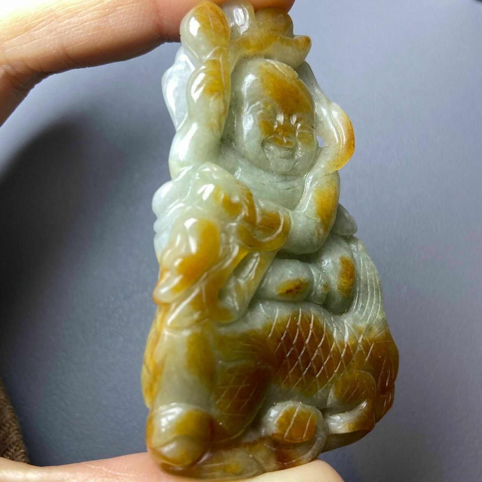 Home Decor Antique Chinese Grade A Yellow Green Jadeite Jade Pendant Figure Carved Baby And photo