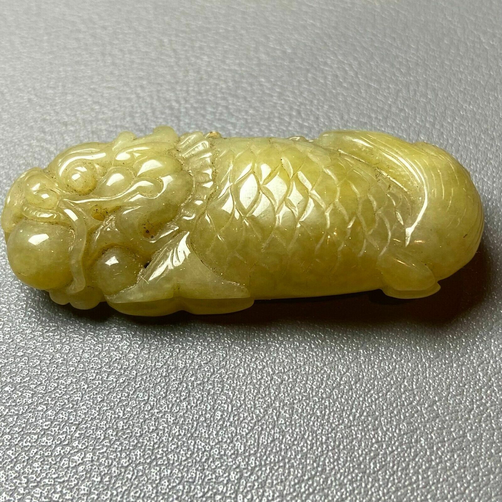 Antique Chinese Grade A Yellow Jadeite Jade Statue Caved Dragon Fish