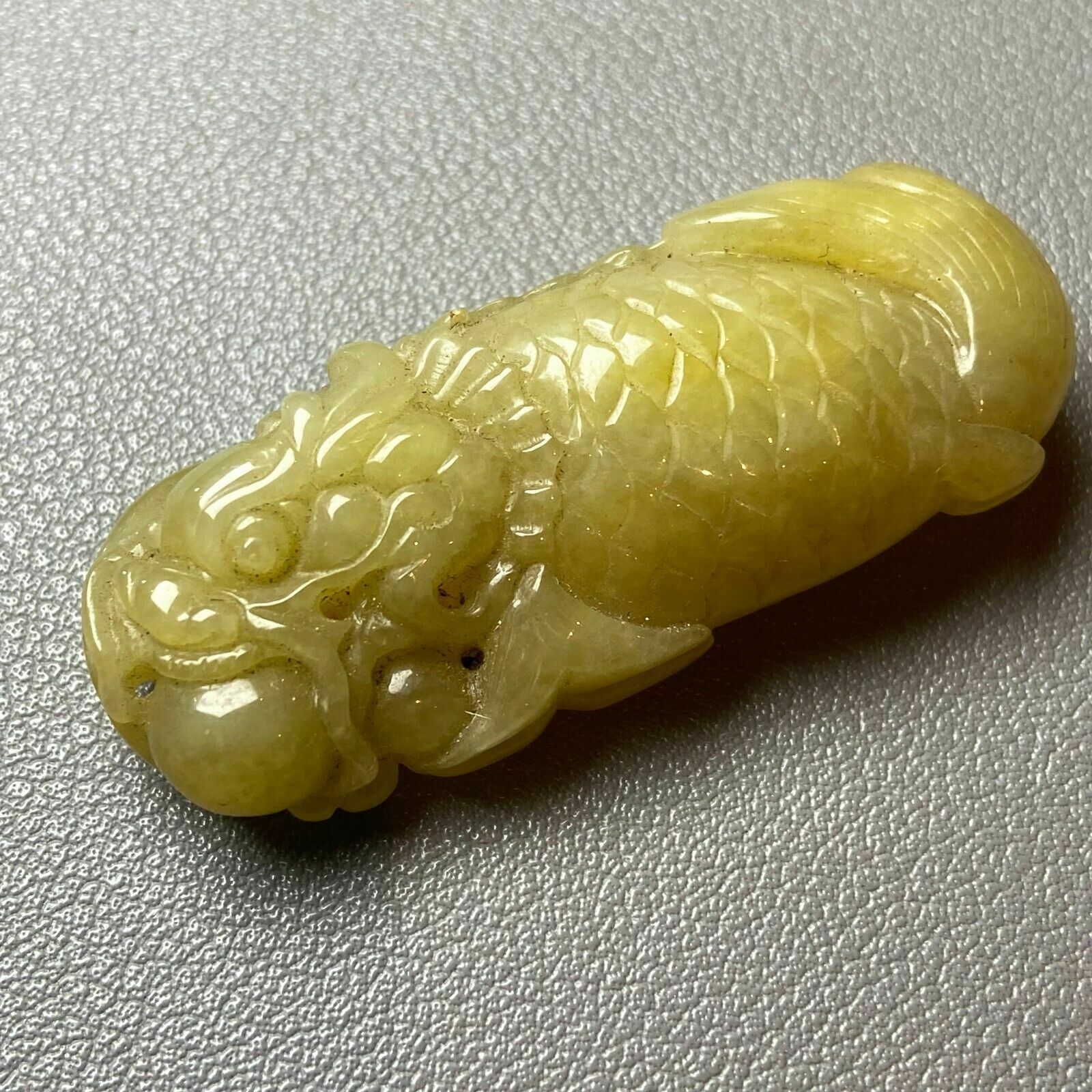 Antique Chinese Grade A Yellow Jadeite Jade Statue Caved Dragon Fish photo furniture