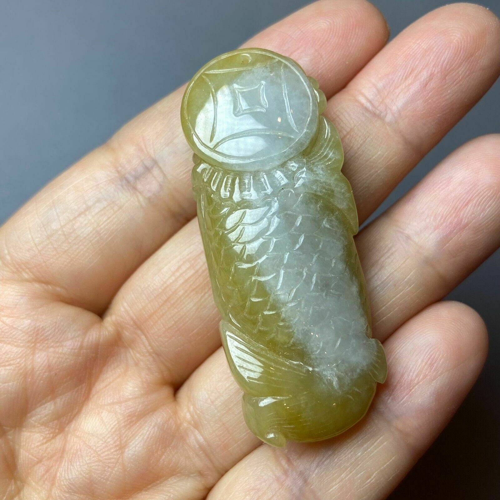 Antique Chinese Grade A Yellow Jadeite Jade Statue Caved Dragon Fish photo vintage