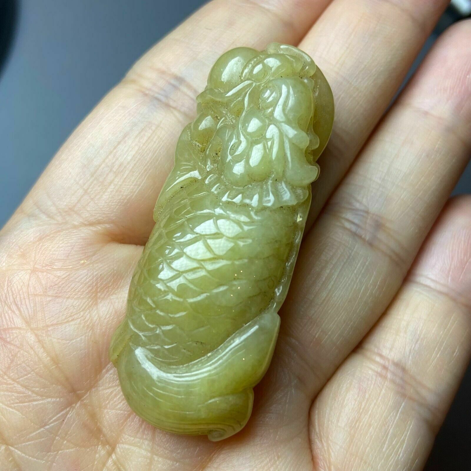 photo for sale Antique Chinese Grade A Yellow Jadeite Jade Statue Caved Dragon Fish
