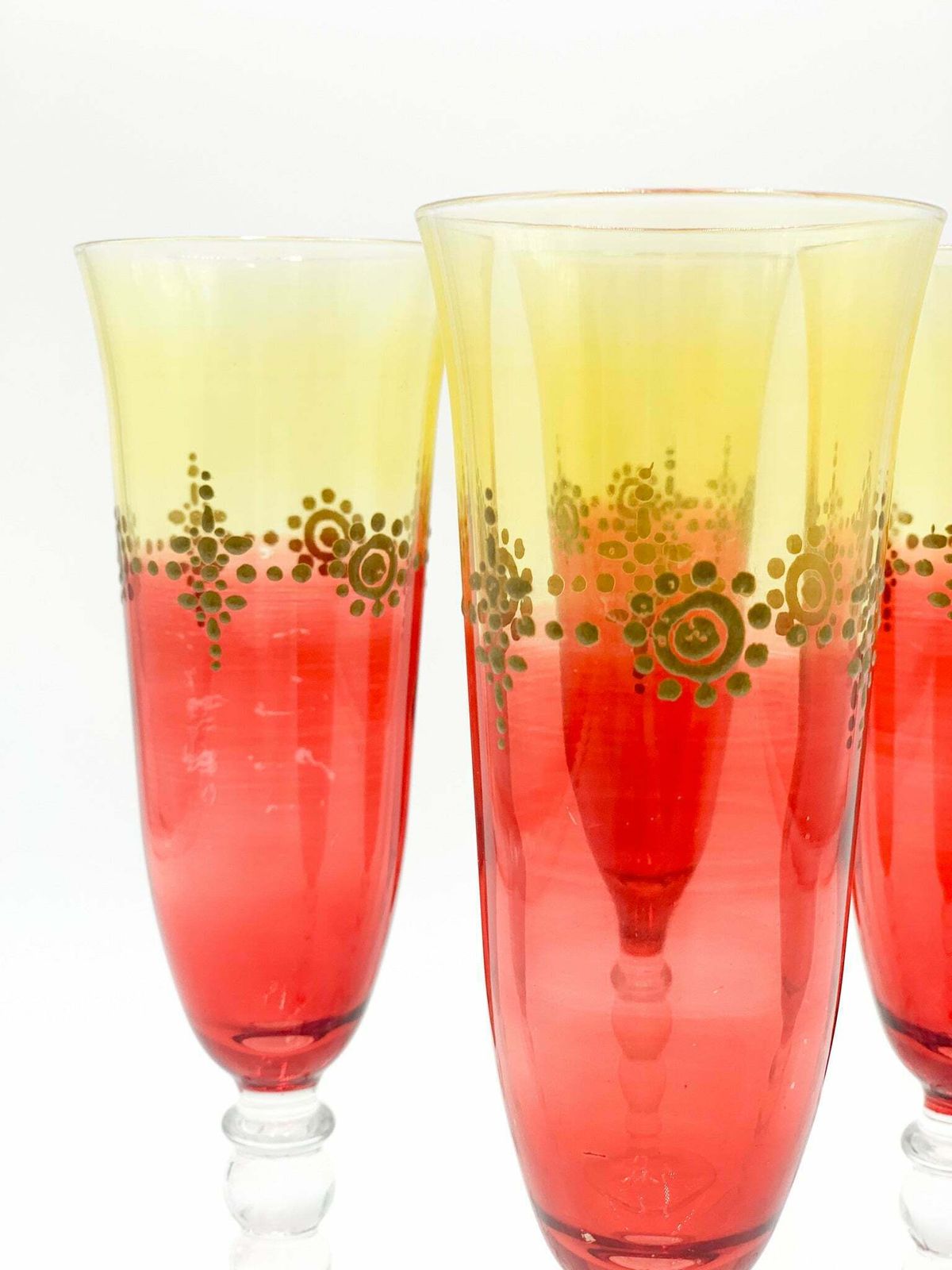 Set Of Four Yellow And Red Murano Glass Goblets From The 1940s photo for sale