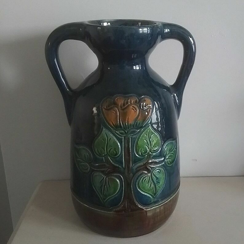 Vintage Large Blue With Flieal Motif Glazed Belgium Ceramic Vase 23/215