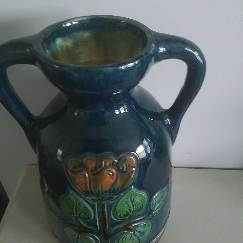 Vintage Large Blue With Flieal Motif Glazed Belgium Ceramic Vase 23/215 photo Home Decor