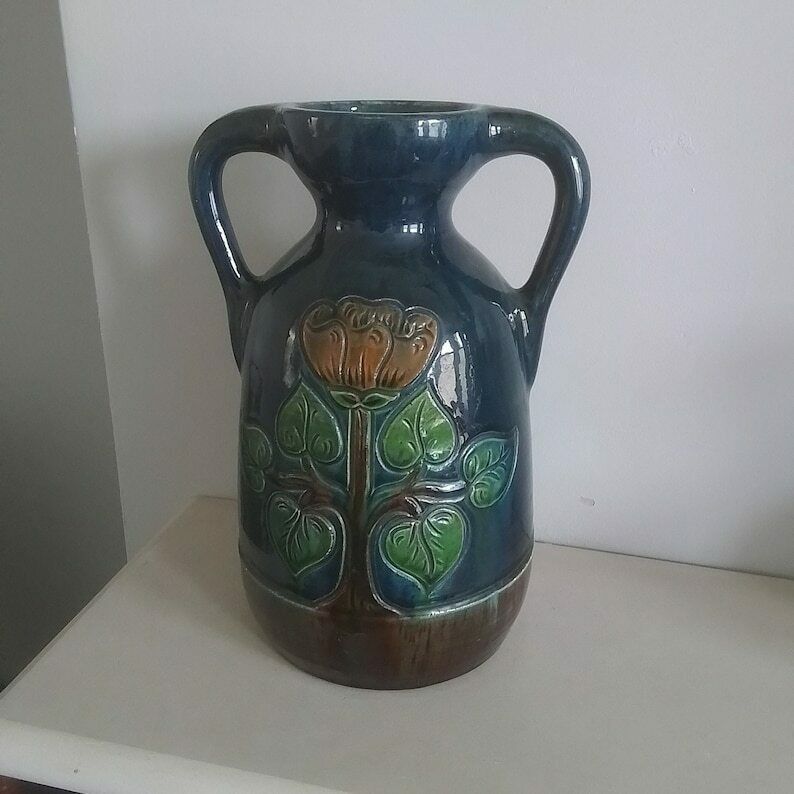 Vintage Large Blue With Flieal Motif Glazed Belgium Ceramic Vase 23/215 photo vinterior