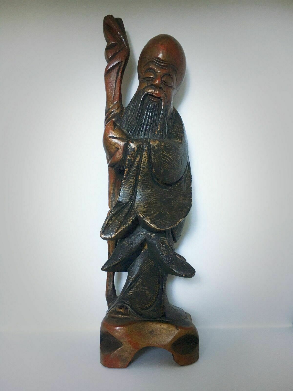 Antique Chinese/Oriental Copper Red With Black Lacquered And Gilt Root Wood Wise