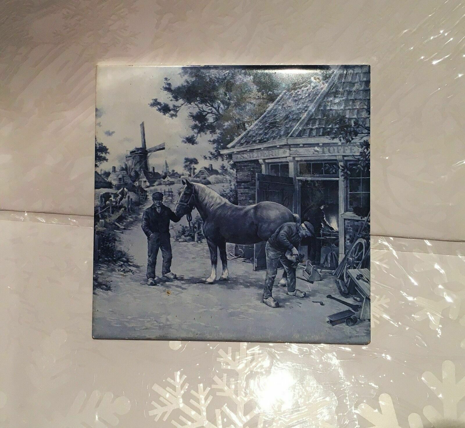 Delft Holland Ter Steege Bv Tile    Windmill Horse Farrier Pattern    1984 photo for sale
