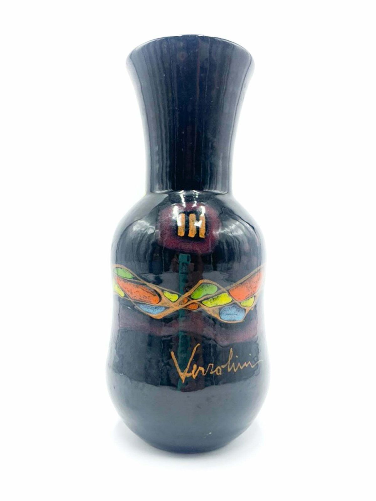 Hand Painted Purple Ceramic Vase By Verzolini From The 1970s