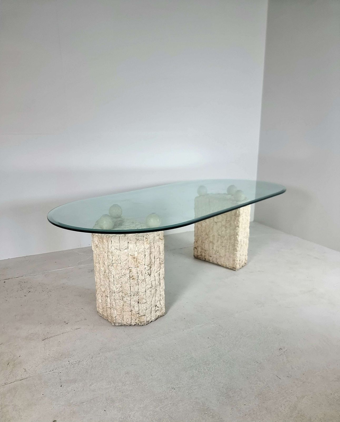 1980s Natural Mactan Stone Dining Table With Glass Top photo furniture
