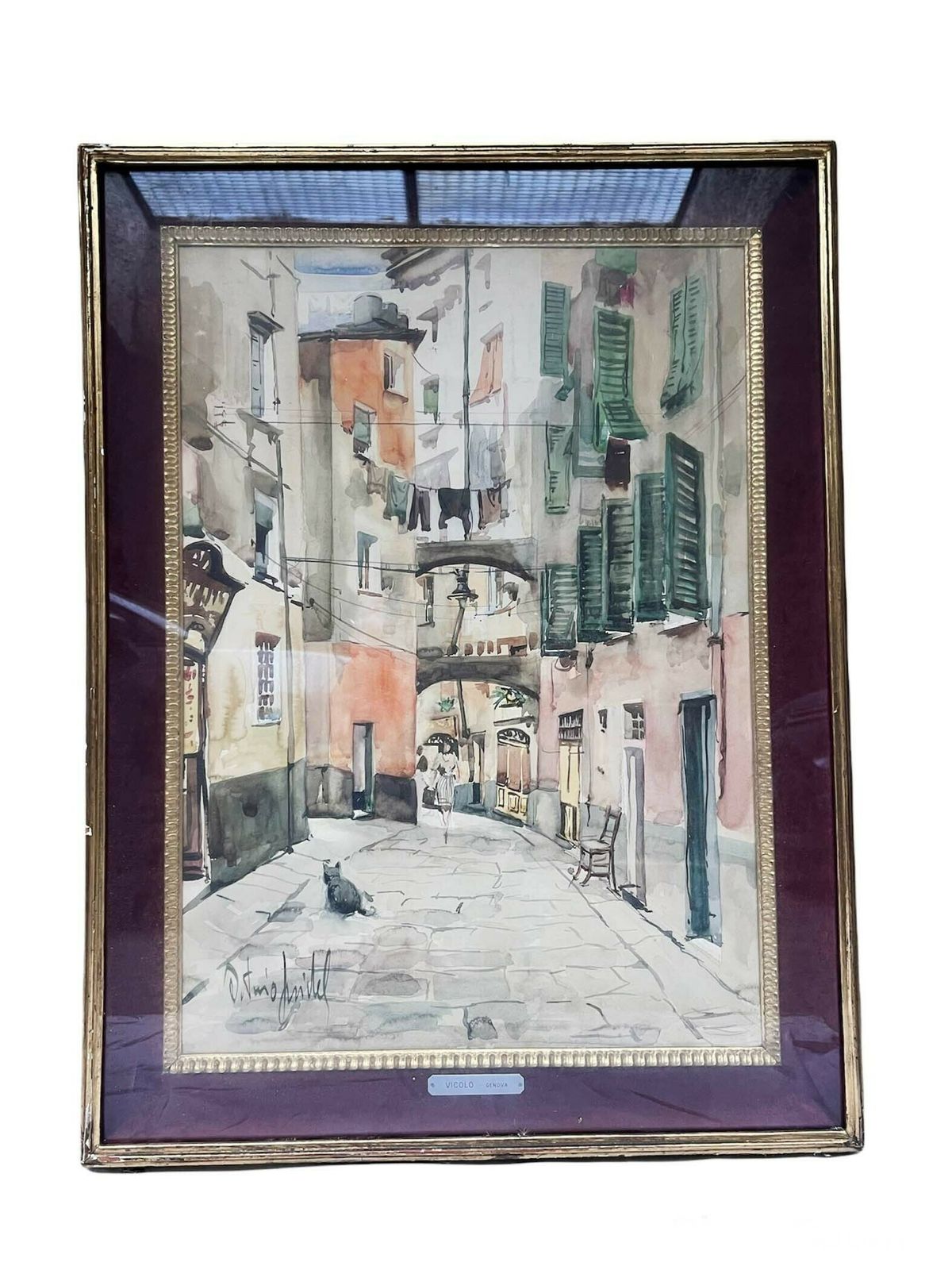 Watercolor Painting Of Vicolo Di Genova By Antonio Pridel, 1960s