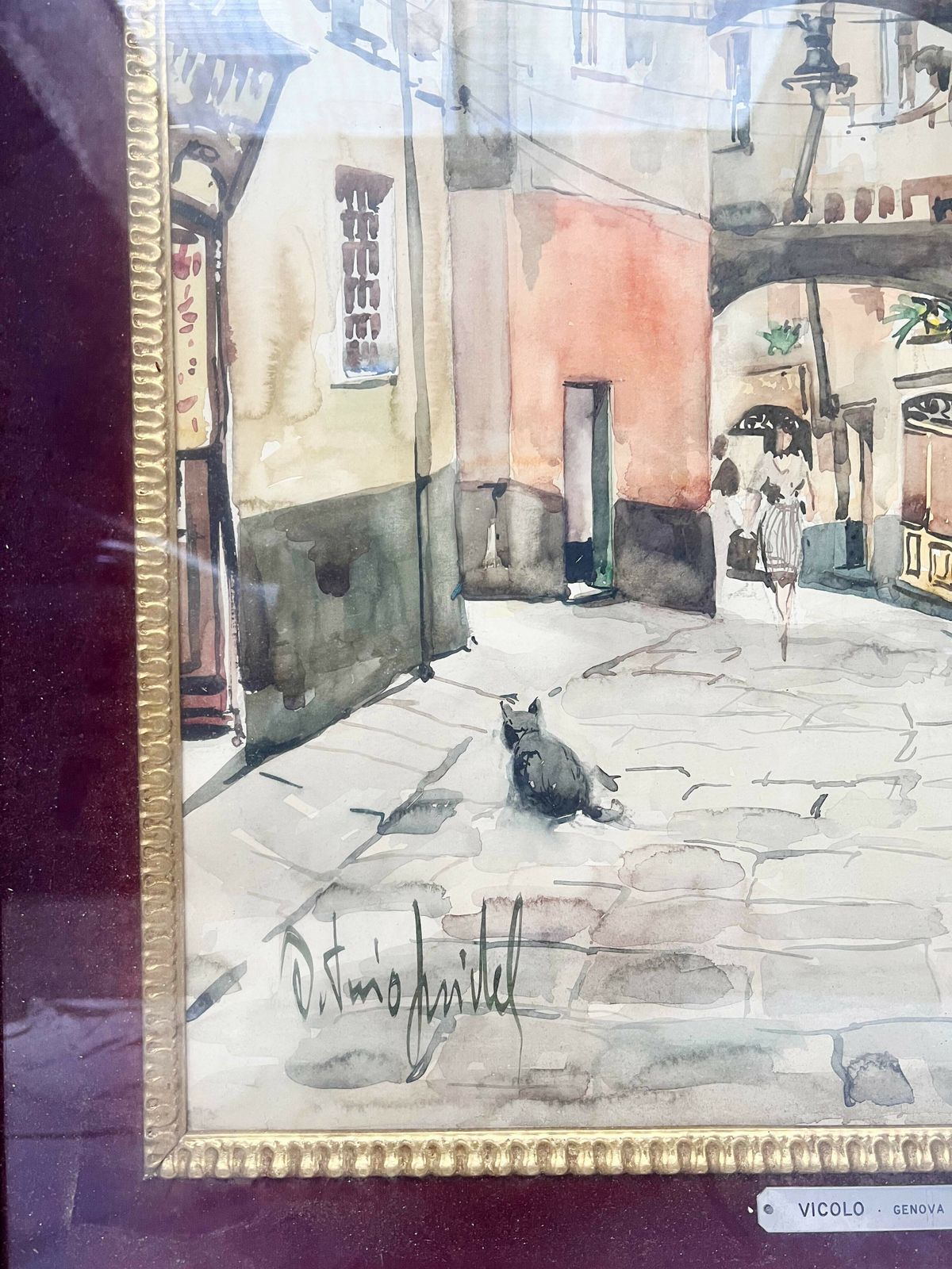 Watercolor Painting Of Vicolo Di Genova By Antonio Pridel, 1960s photo for sale