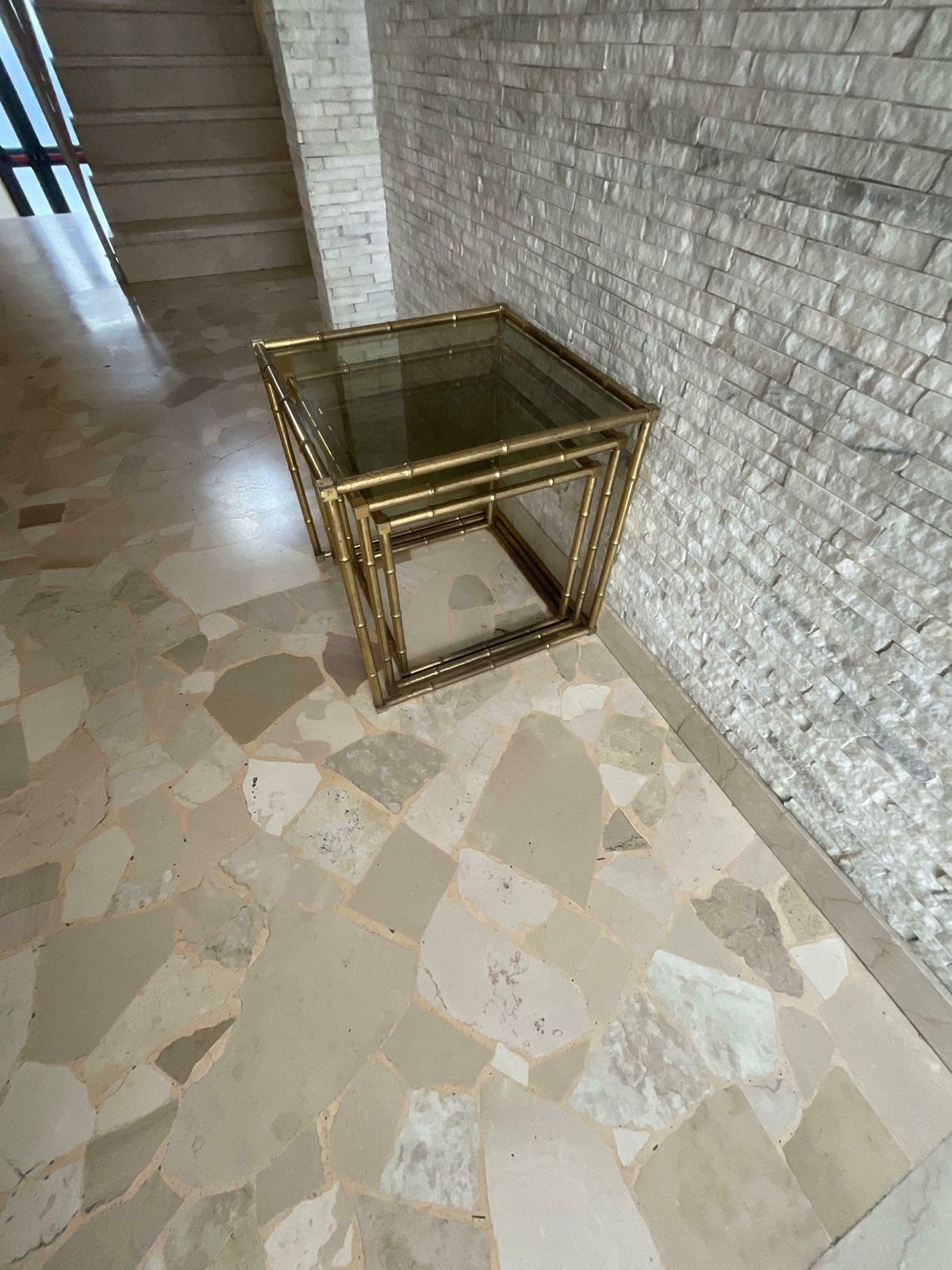 Set Of 3 Interlocking Brass And Glass Coffee Tables 1960s photo vintage