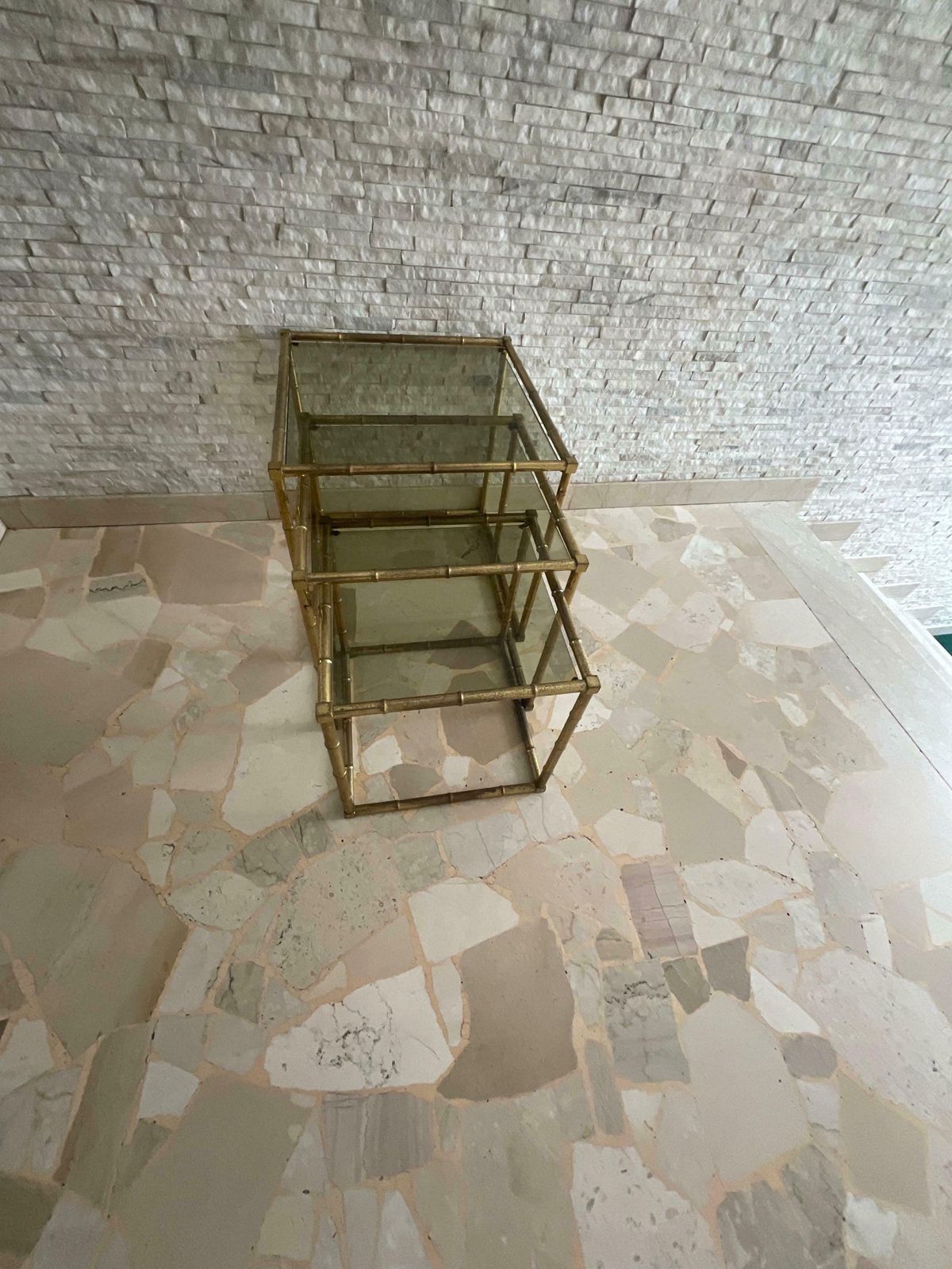 photo furniture Set Of 3 Interlocking Brass And Glass Coffee Tables 1960s