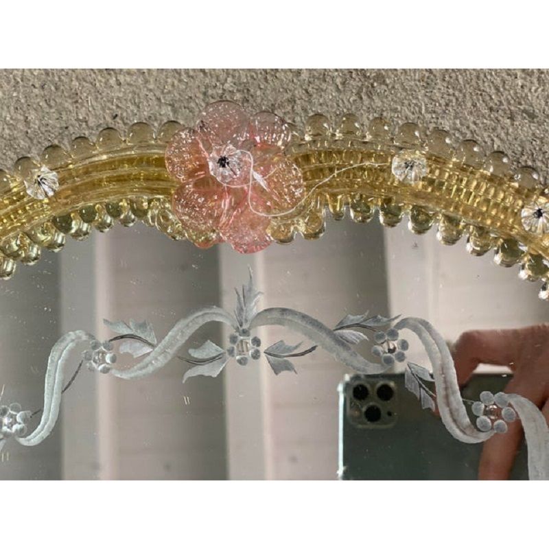 2000s Venetian Oval Gold And Pink Floreal Hand Carving Mirror In Murano Glass Style photo 6600.0