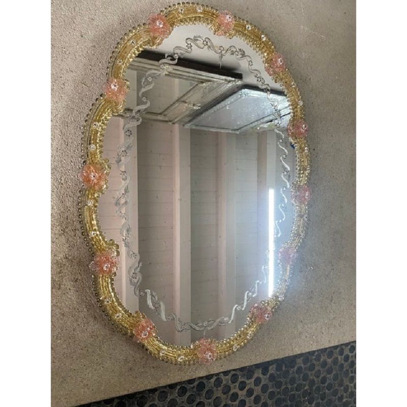 2000s Venetian Oval Gold And Pink Floreal Hand Carving Mirror In Murano Glass Style photo vintage