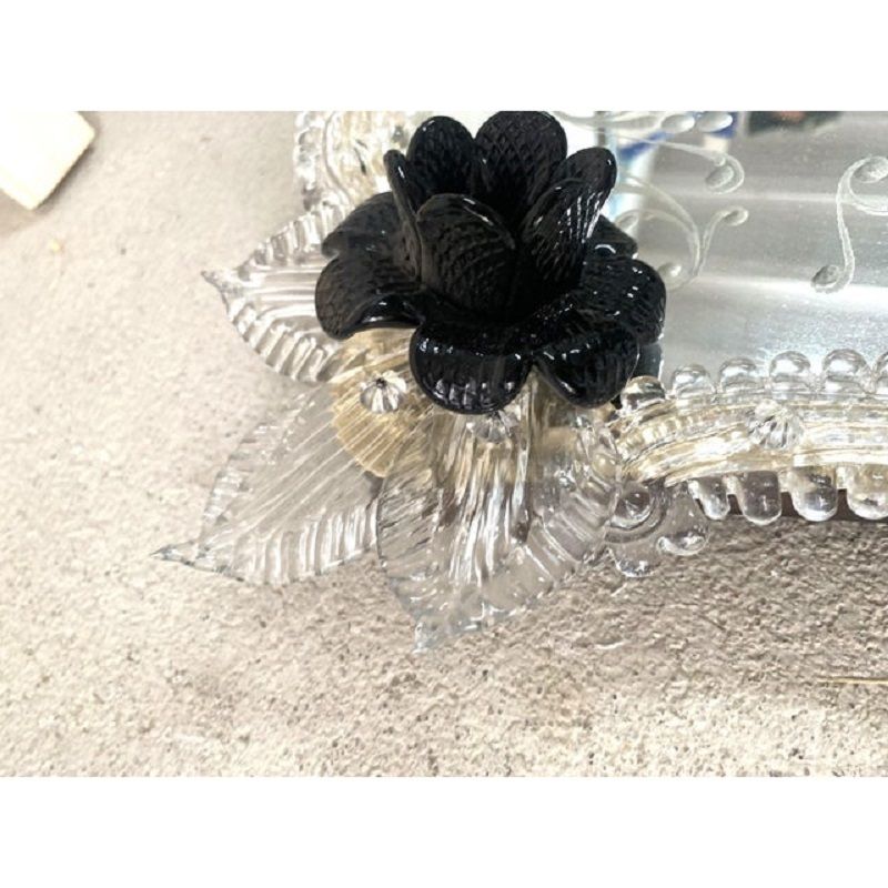 Venetian Black Floreal Hand Carving Mirror In Murano Glass Style photo for sale