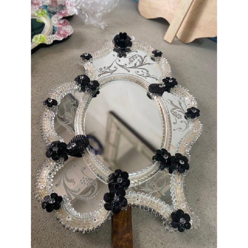 Venetian Black Floreal Hand Carving Mirror In Murano Glass Style photo Home Decor