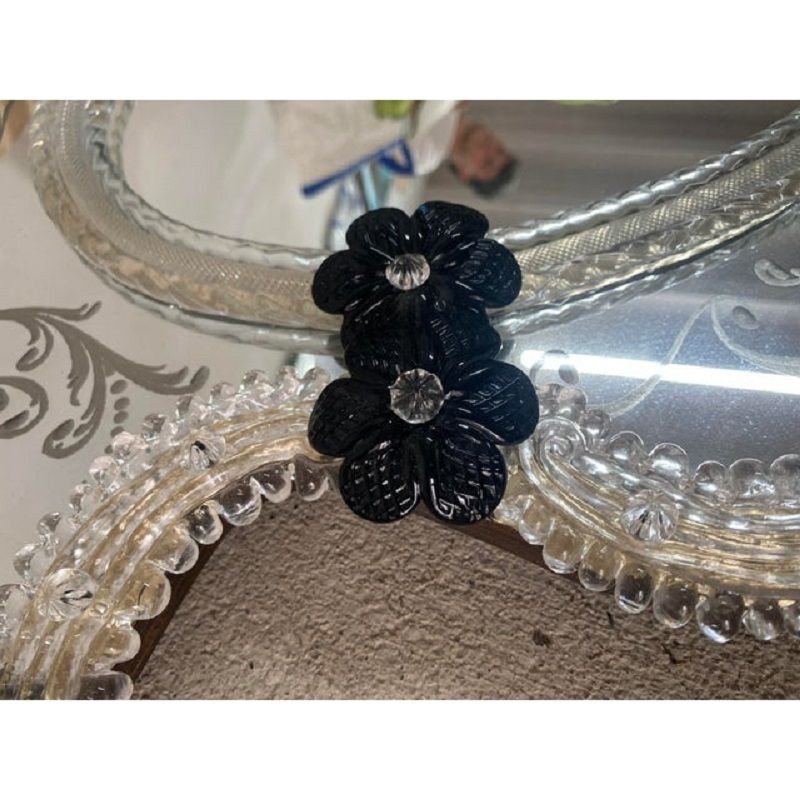 Venetian Black Floreal Hand Carving Mirror In Murano Glass Style photo vintage