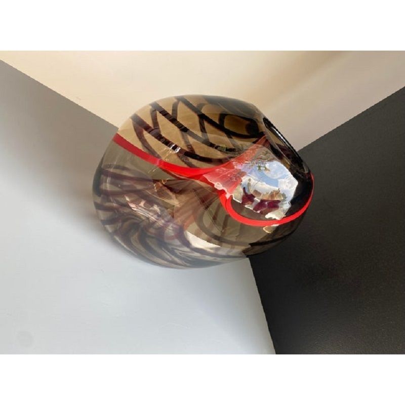 Abstract Vase In Fumè Murano Glass And Red Reeds photo vinterior