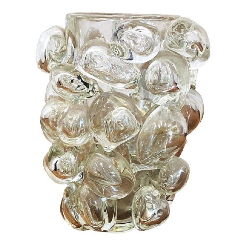 Contemporary Transparent Murano Glass Vase Hand Blown With Bubbles